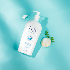 Inis lifestyle bathroom vanity scene conveying fresh coastal skincare ritual