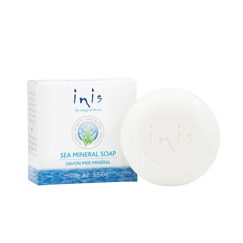 Inis sea mineral soap front packaging showing clean design and marine scent benefit