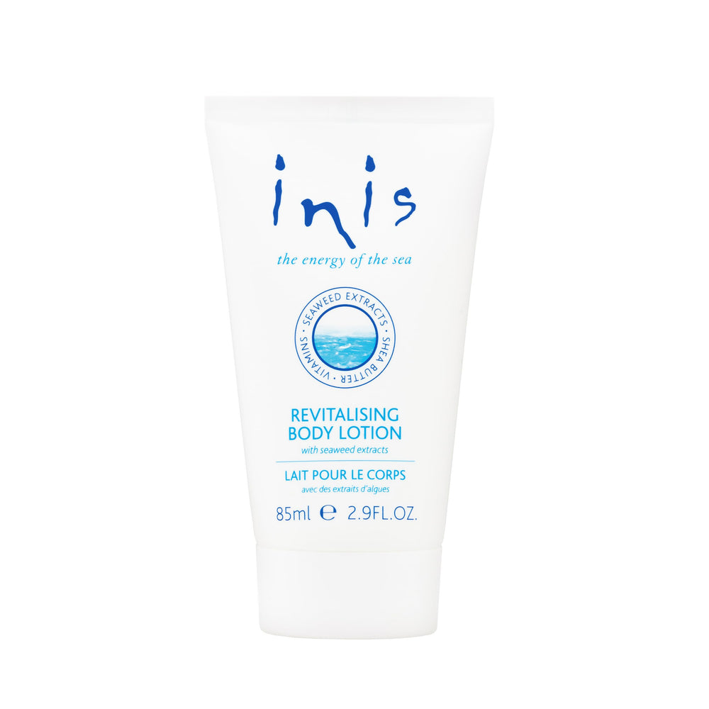 Inis travel front packaging showing compact 2.9 fl oz tube and clear branding, convenient for travel
