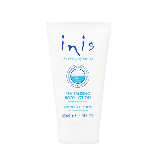 Inis travel front packaging showing compact 2.9 fl oz tube and clear branding, convenient for travel