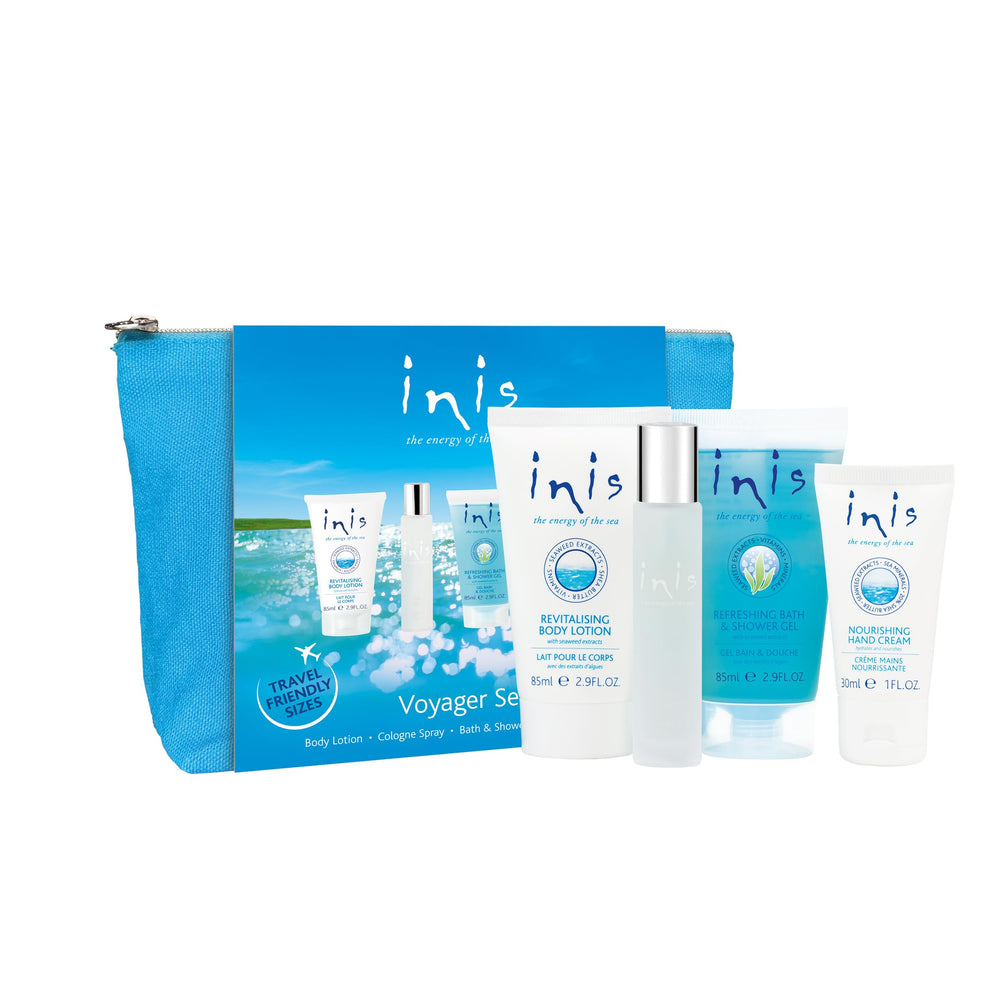 Inis voyager front packaging showing set and cotton aqua bag for gifting