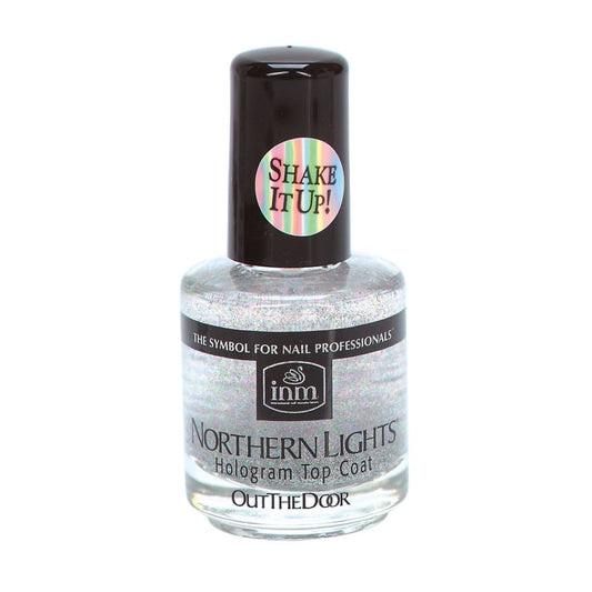 INM bottle front view showing silver holographic top coat with clear label and glossy finish benefit