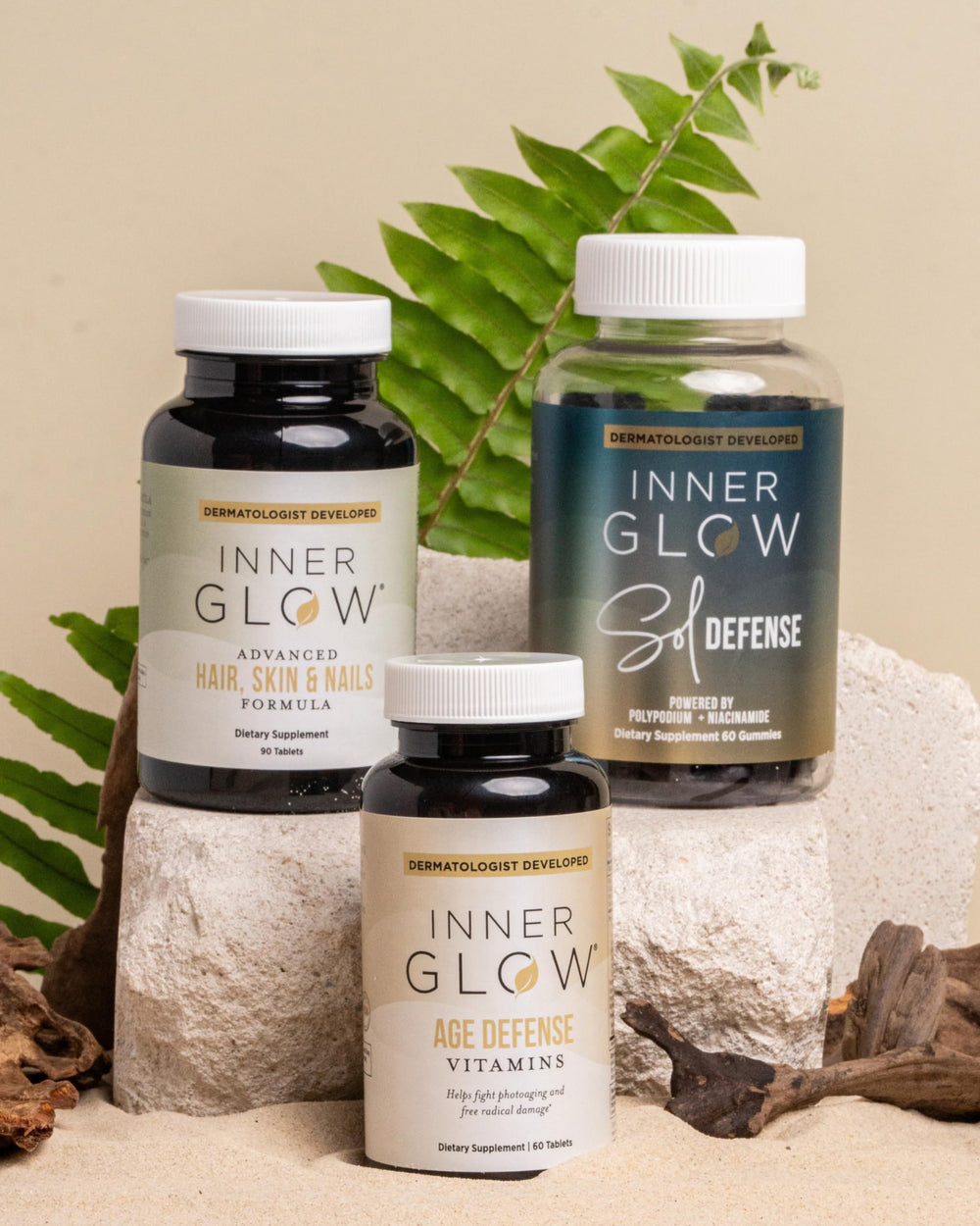 Inner Glow gummies peeking from beach bag suggesting outdoor lifestyle support