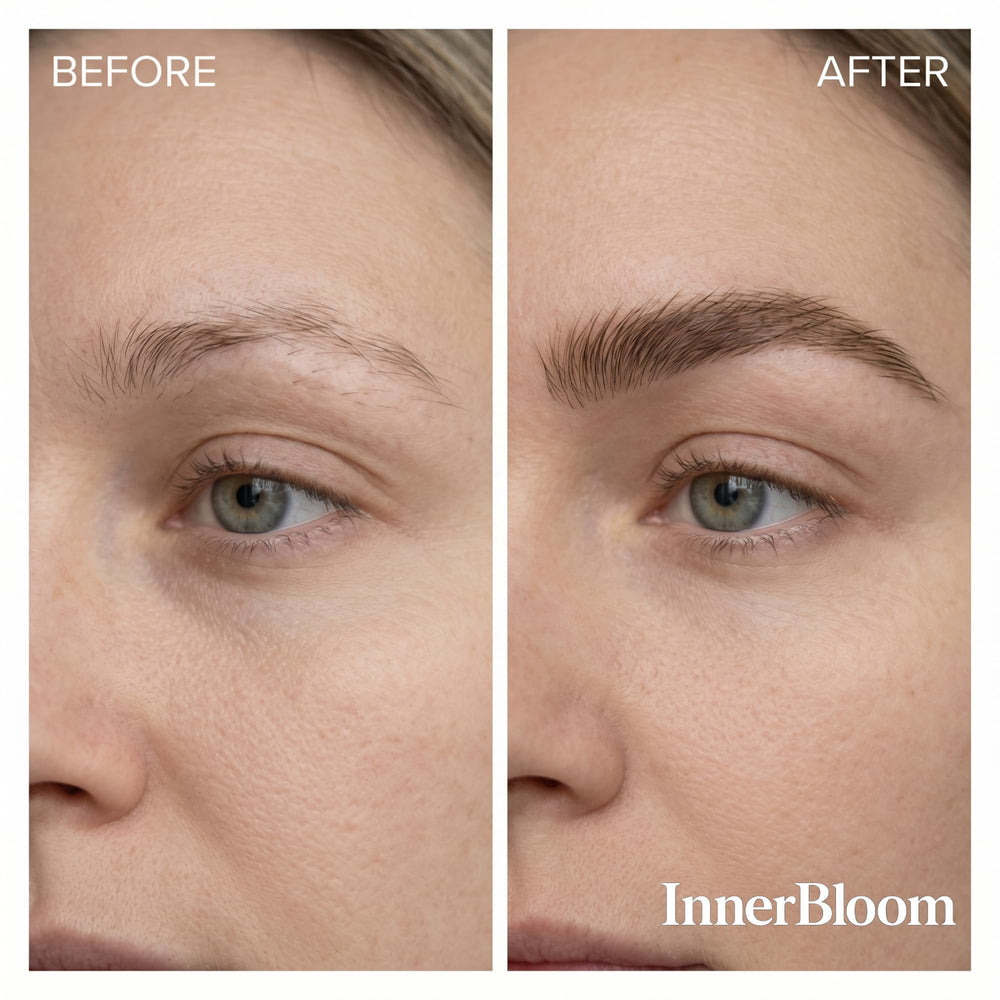 Innerbloom before and after eyebrow comparison highlighting visible density benefit