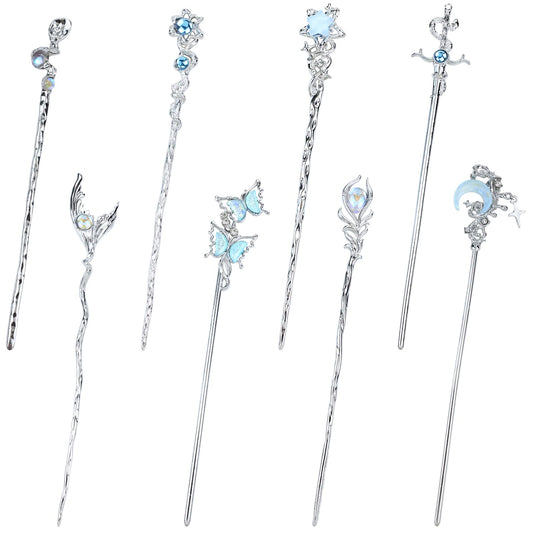inSowni front view of eight silver hair sticks displaying motifs and polished finish for elegant hold