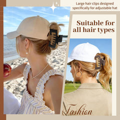 Interesse clip securing a ponytail under a baseball cap for stable all-day wear