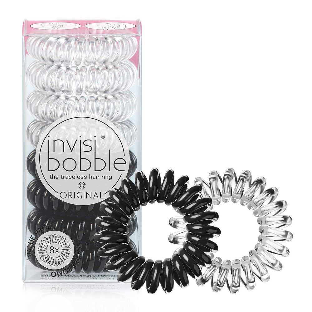 invisibobble front packaging showing mixed crystal clear and true black coils for convenience