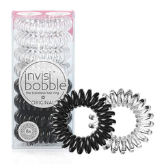 invisibobble front packaging showing mixed crystal clear and true black coils for convenience