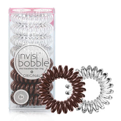 invisibobble pack front view showing crystal and pretzel colors and clear benefit
