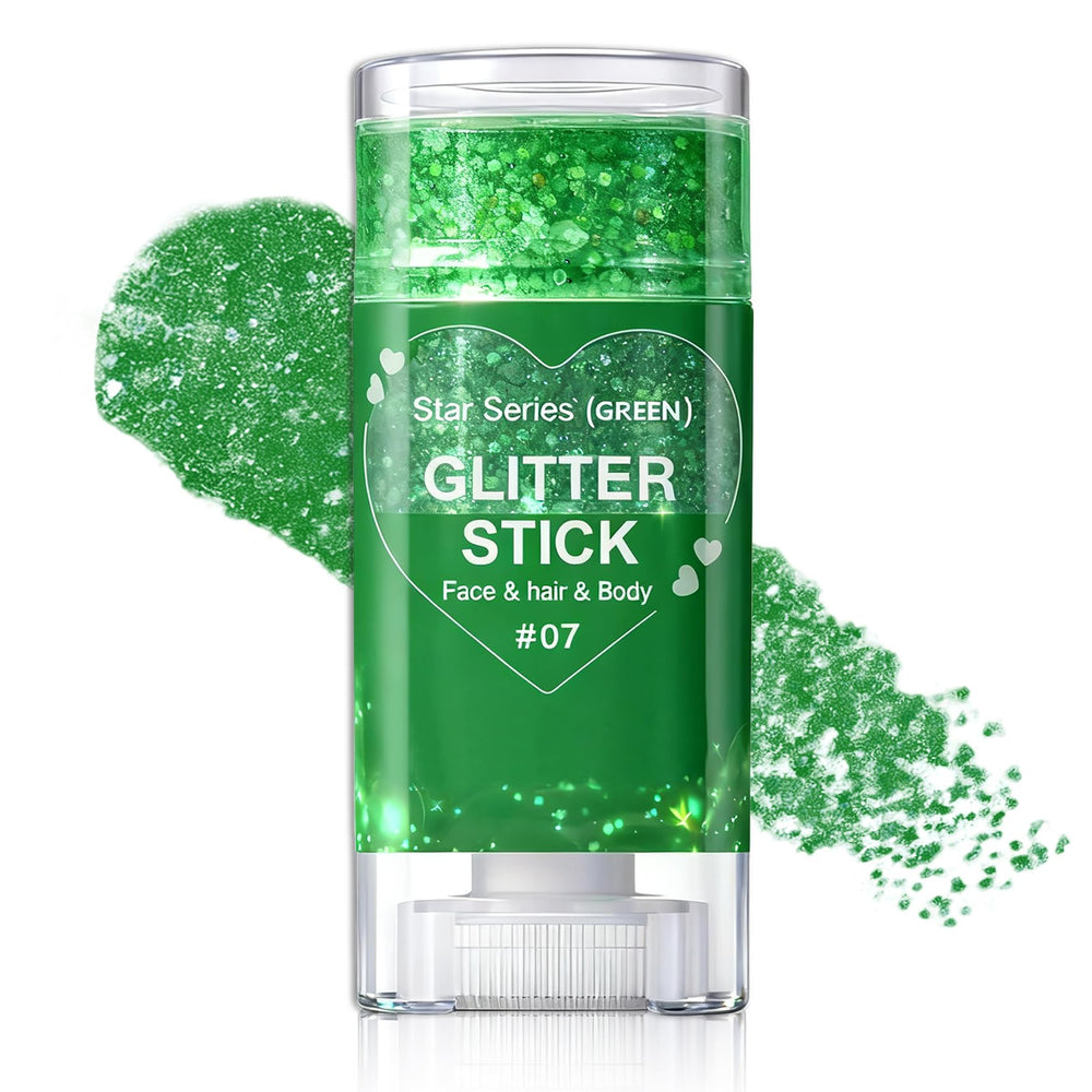 IONSGAKO green glitter stick front view shows compact packaging and easy-twist usability