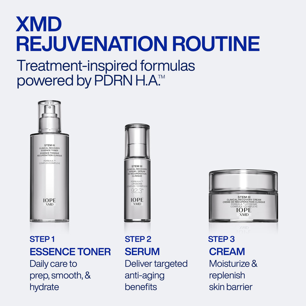 IOPE XMD Stem III bottle next to hand showing product size and portioning