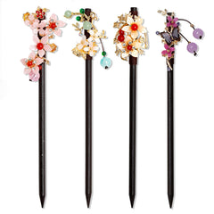 Ipercox wooden hair sticks front view showing four floral styles and decorative appeal