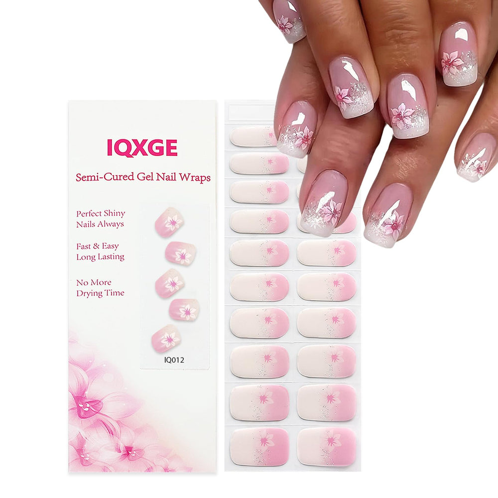 IQXGE front packaging showing pink ombré floral strips and contents for instant polish