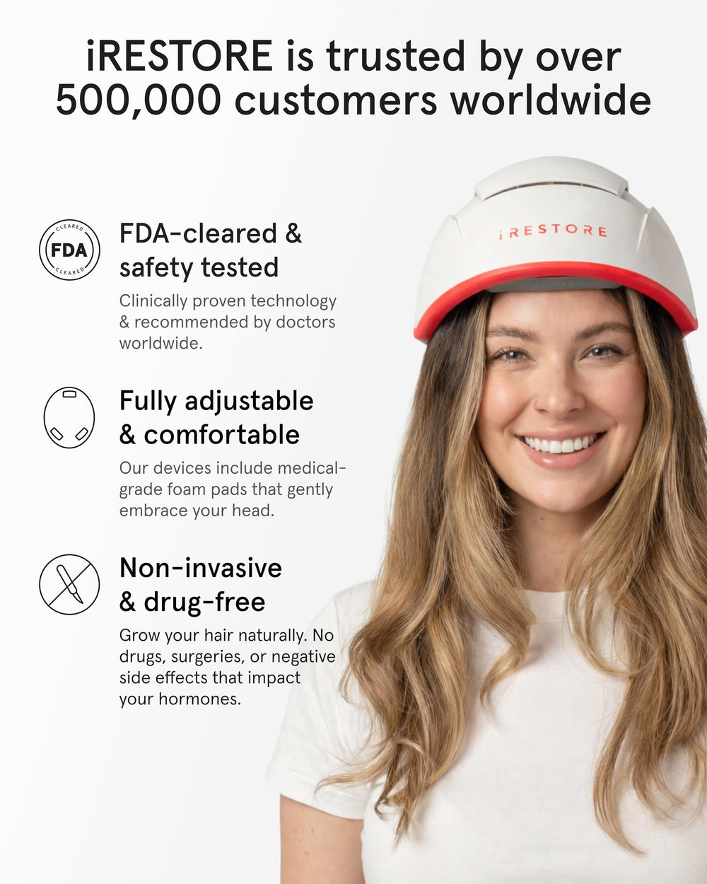 iRestore size comparison with hand indicating lightweight, wearable design