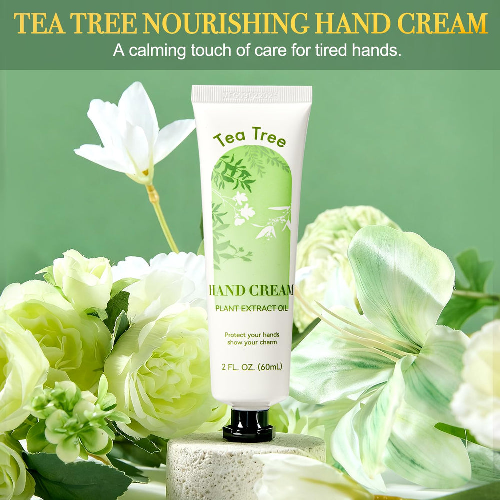 IRINXL tea tree hand cream tube close-up showing moisturizing relief for hands