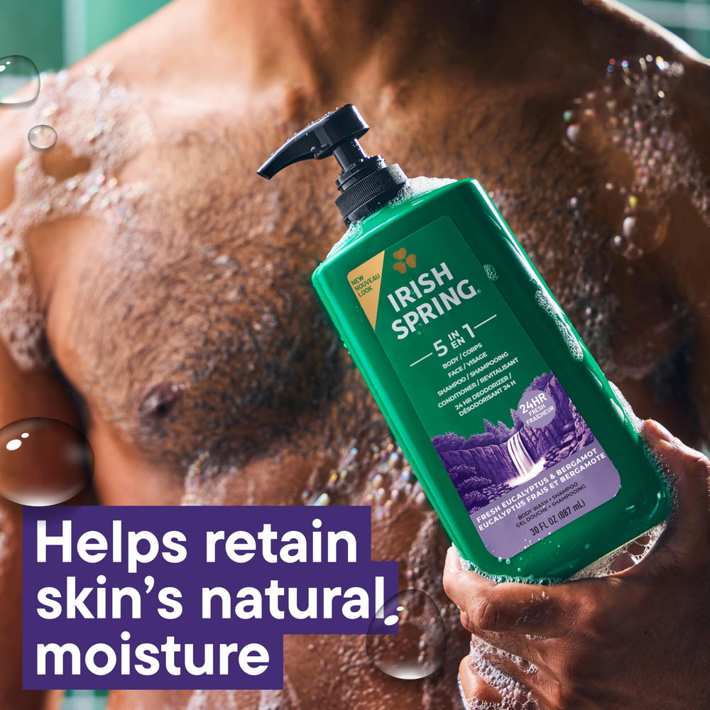 Irish Spring bottle in shower setting promoting quick convenient use benefit