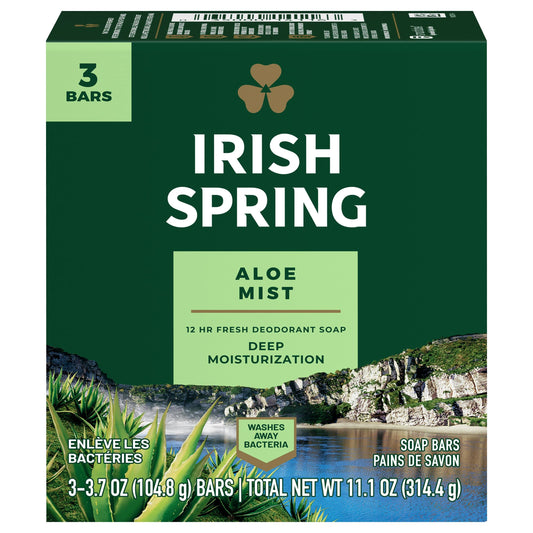 Irish Spring front packaging showing three bars and energizing scent benefit