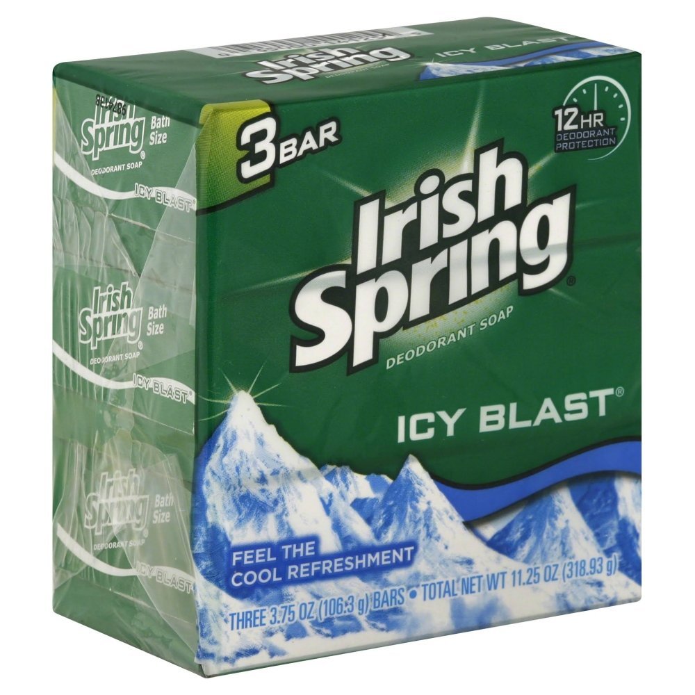 Irish Spring Icy Blast in bathroom setting with towel, illustrating convenience for daily showers