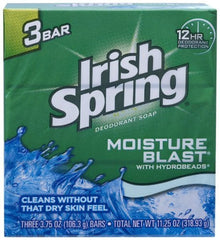 Irish Spring front packaging showing three soap bars and refreshing scent benefit