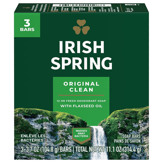 Irish Spring front packaging showing six deodorant bars and clear supply benefit