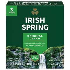 Irish Spring front packaging showing six deodorant bars and clear supply benefit