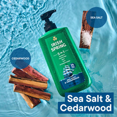 Irish Spring bottle on bathroom shelf to show 30 fl oz scale and fewer replacements needed