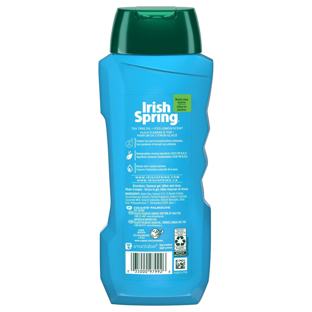Irish Spring gel texture close-up highlighting moisturizing formula and invigorating iced lemon scent benefits