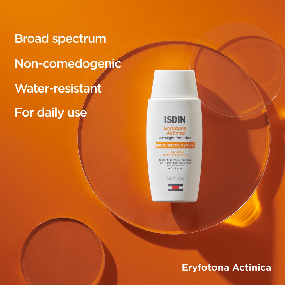 ISDIN tube beside common items to show 3.4 fl oz size advantage