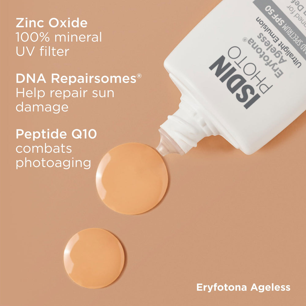 ISDIN Eryfotona Ageless applied under makeup showing seamless blending benefit