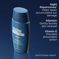 ISDIN Eryfotona Night ingredient display highlighting Night Repairsomes and vitamin E support
