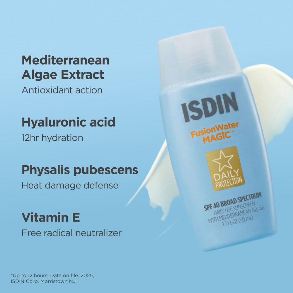 ISDIN next to a 1.7 fl oz rule to show travel-friendly size and portability