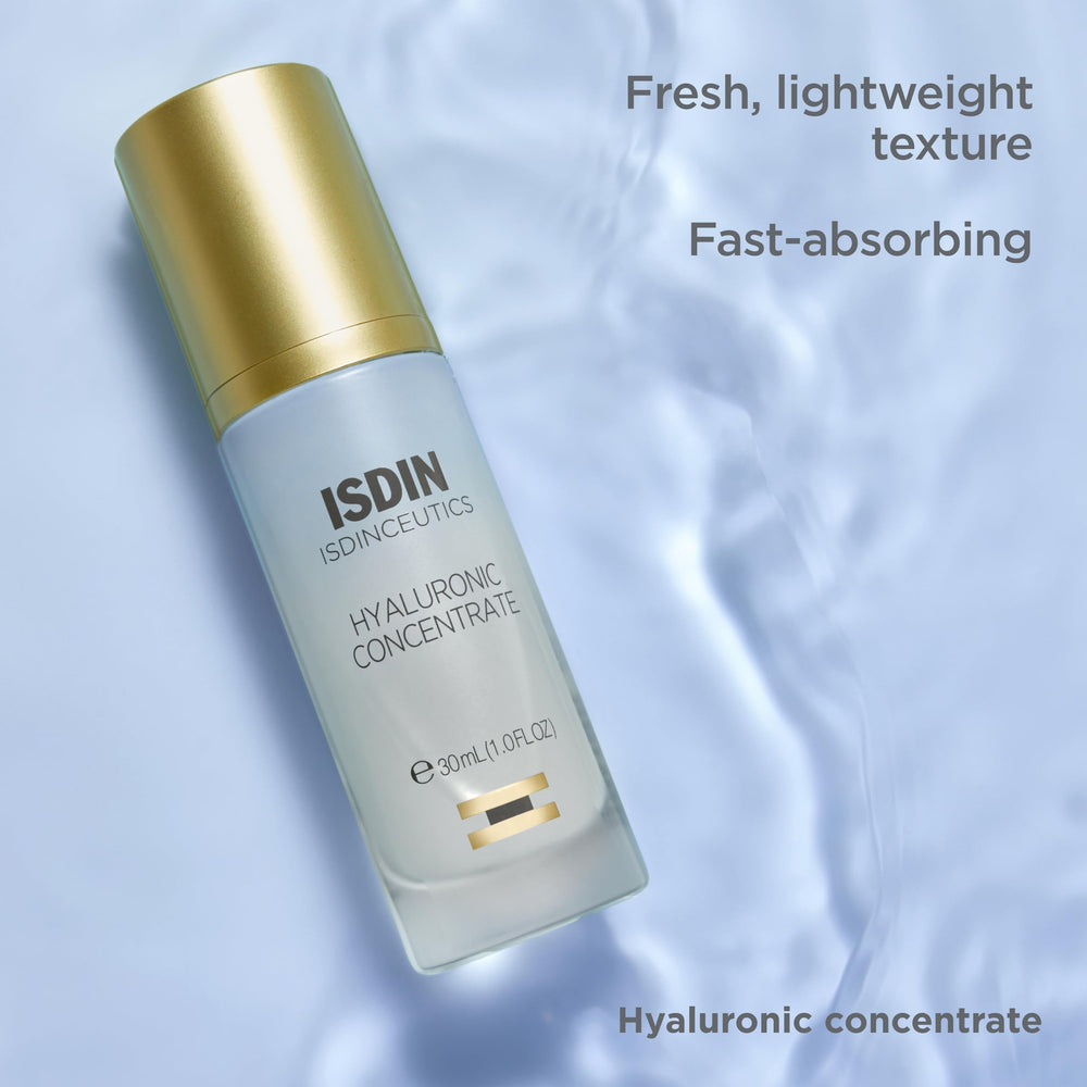 ISDIN ingredients panel label focused on hyaluronic and peptide benefits