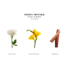 Issey Miyake label close-up highlighting product name and premium ingredient clarity benefit
