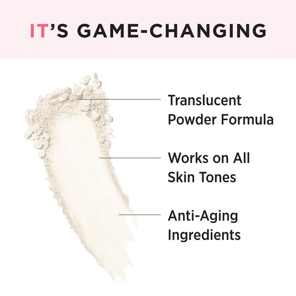 IT Cosmetics loose powder texture close-up highlighting silky finish and blurring effect