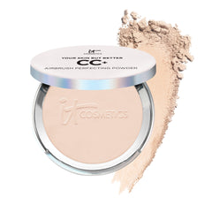 IT Cosmetics powder compact front view showing fair shade and compact design, easy application benefit