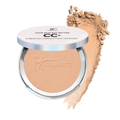 IT Cosmetics compact front view showing Medium Tan shade and sleek packaging benefit: portable finishing powder