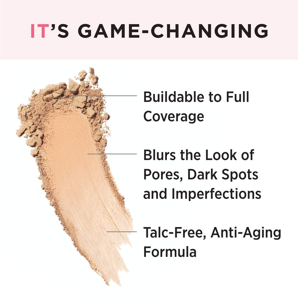 IT Cosmetics powder texture close-up highlighting smooth, blur-effect pigments for pore-softening results