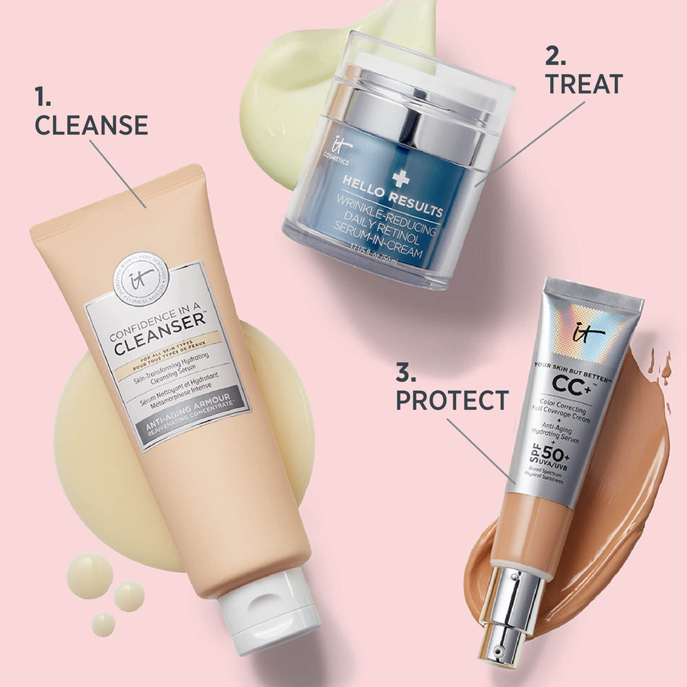 IT Cosmetics product on bathroom shelf in routine setting suggesting daily use