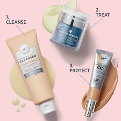 IT Cosmetics product on bathroom shelf in routine setting suggesting daily use