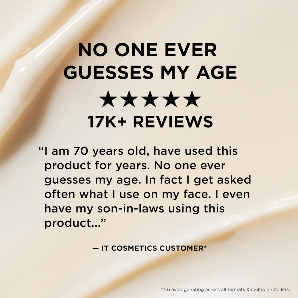 IT Cosmetics packaging label close-up showing product name and ingredient benefits