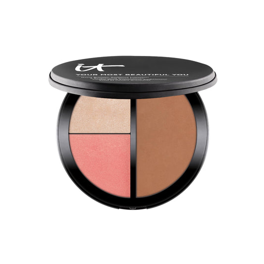 IT Cosmetics palette compact front view showing three shades and a portable design benefit