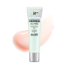 IT Cosmetics primer front bottle showing product branding and elegant packaging benefit: clear base for makeup
