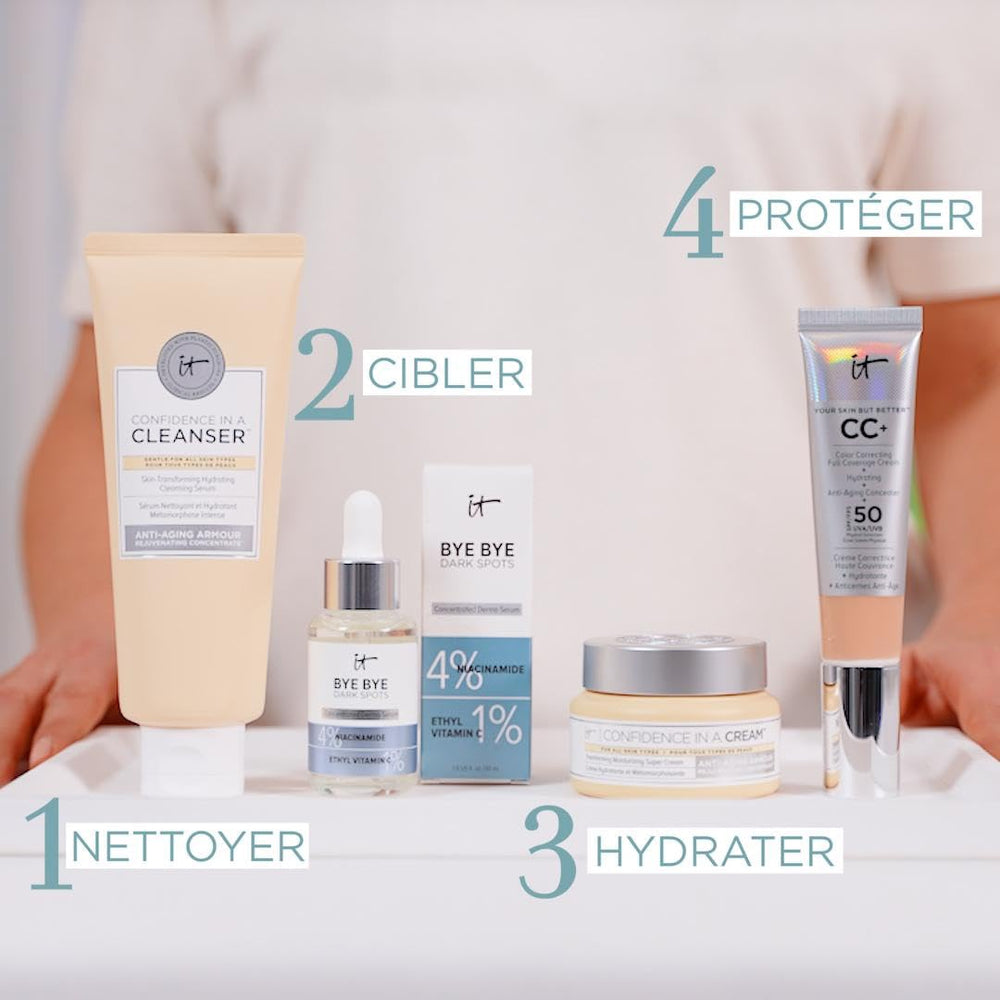 IT Cosmetics bottle beside CC Cream illustrating morning routine and SPF pairing