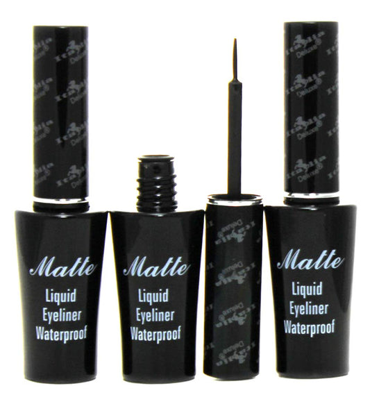 Italia Deluxe matte liquid eyeliner front view showing three pens and packaging benefit long-lasting