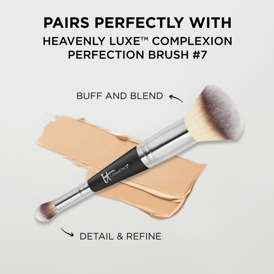 IT Cosmetics brush blending cream on skin to show buildable, crease-resistant coverage