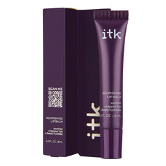 ITK lip balm front packaging showing clear glossy tube and label benefits