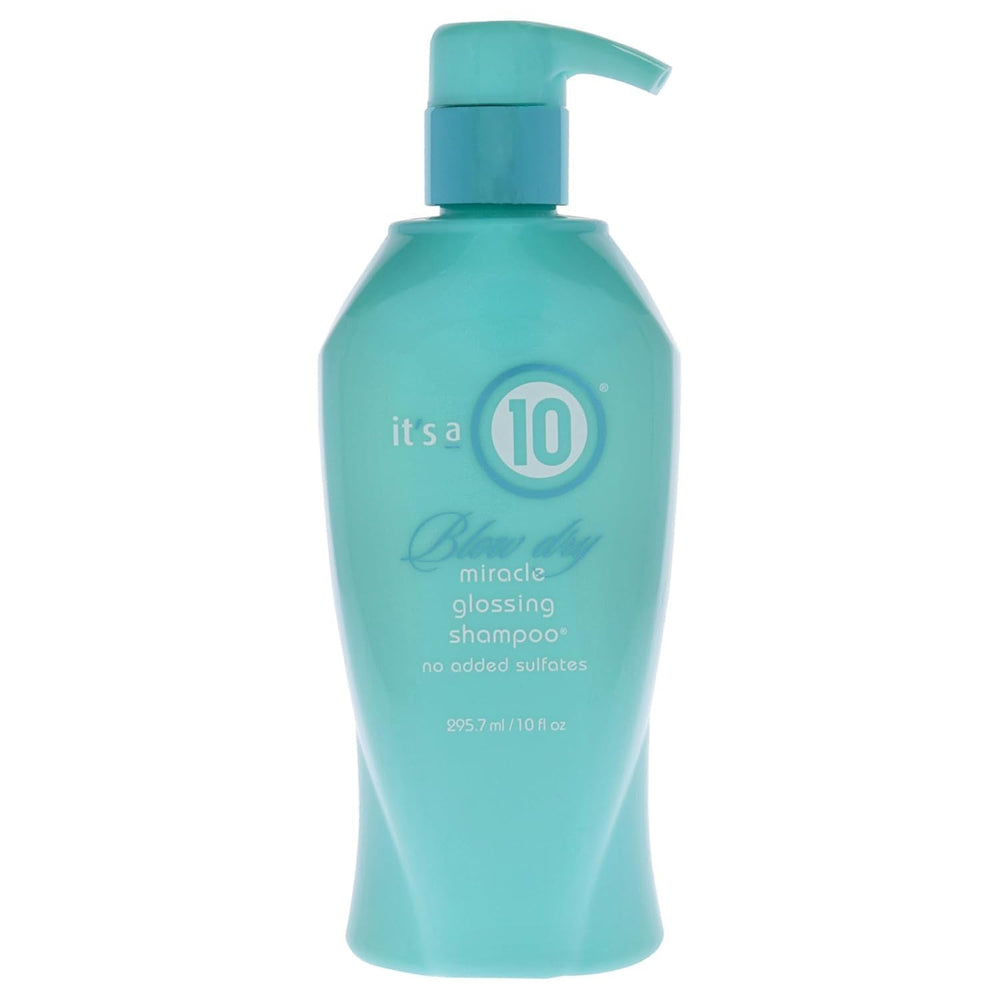It's a 10 Miracle Blow Dry Glossing Shampoo front bottle showing branding and size, highlights instant shine