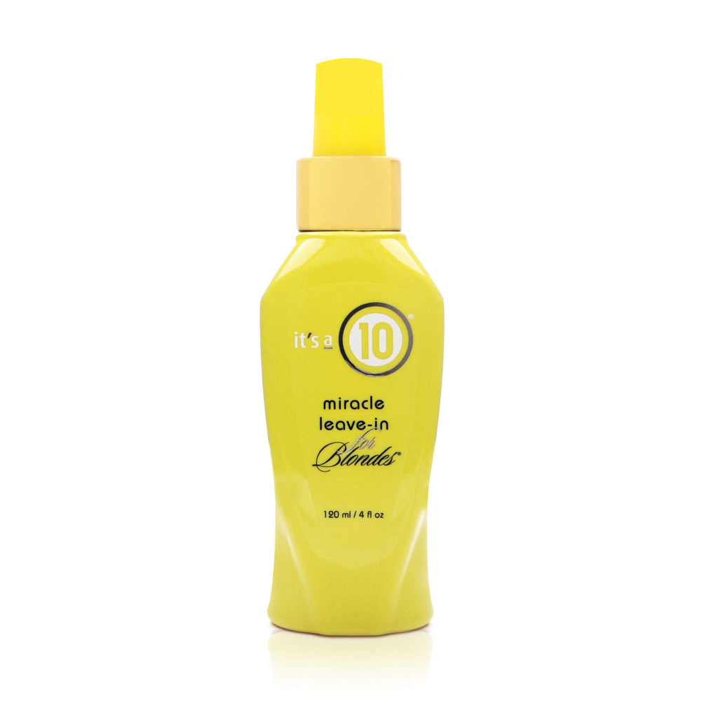 It's a 10 Haircare front bottle showing label and compact travel size benefit