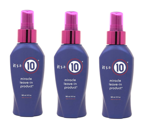 It's a 10 Haircare front packaging three 4 fl oz bottles showing compact travel size and label benefits
