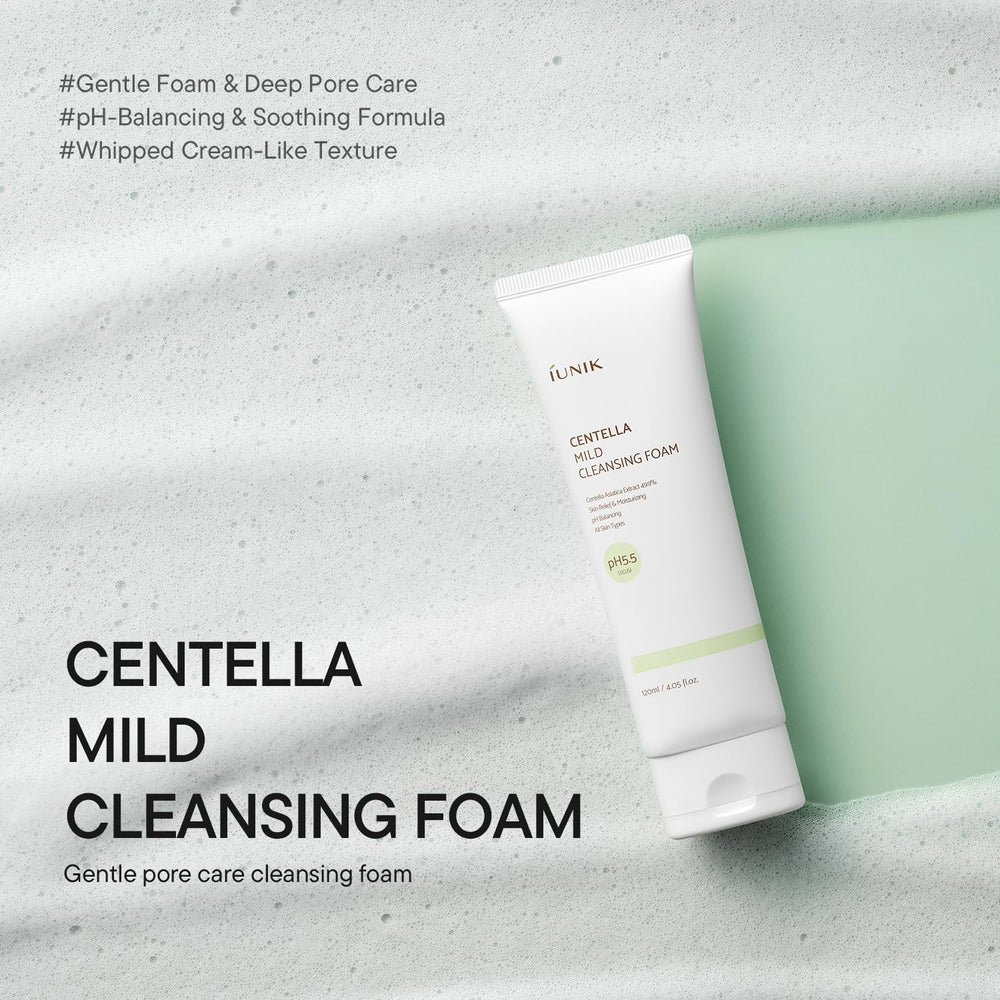 IUNIK pump dispensing creamy foam texture, gentle cleansing and soft lather benefit